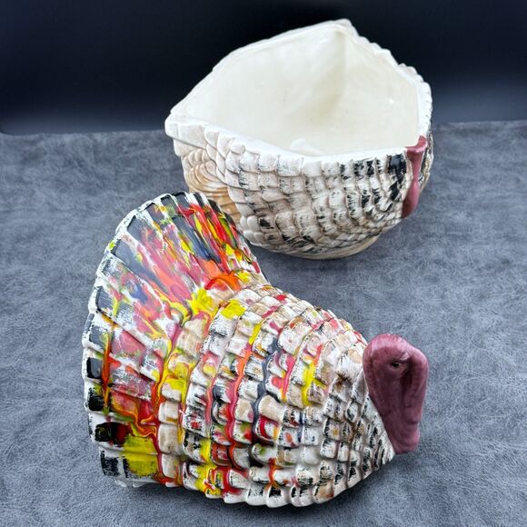 Ceramic Turkey Covered Sauce Dish Jar Thanksgiving Fall Hand Painted Vintage 7" - Picture 5 of 9